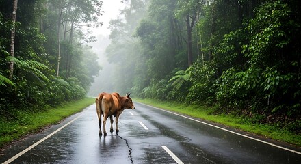 Cow on a Rainy Road - A Serene Encounter in Nature.