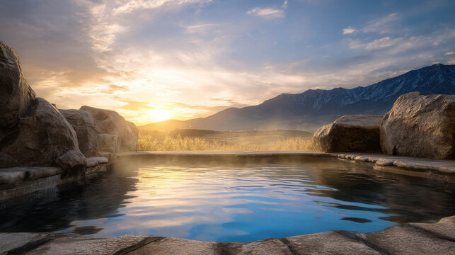 Serene Outdoor Hot Spring Pool with Gentle Stone Edges Against a Beautiful Sunset Landscape