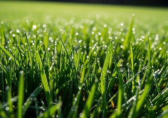 Close-up of Dew-Kissed Grass Blades in Morning Light.
