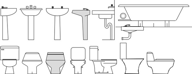 A collection of black and white line art illustrations of various bathroom fixtures, including sinks, toilets, and a bathtub, from different views.