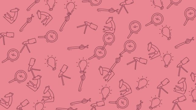 Pattern Featuring microscopes, magnifying glasses, lightbulbs, and telescopes on a vibrant pink background. Perfect for science or educationthemed designs.