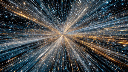 Hyper-flight through neon white, gold, and silver tones in hyperspace with stars and time-warp streaks, illustrating a futuristic space journey.