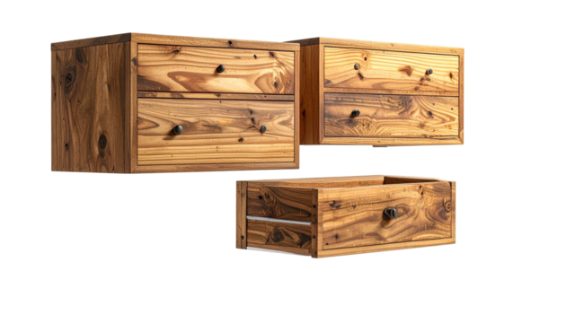 Wooden drawers floating on black