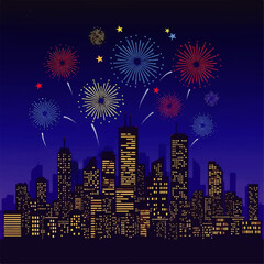 Vibrant Cityscape Fireworks Celebration Night.