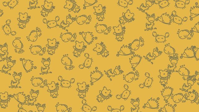 Yellow backdrop covered with cute cartoon animal illustrations. Perfect for childrens book covers, educational materials, and playful designs.