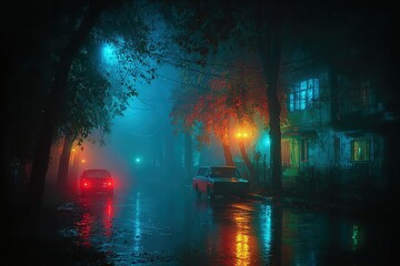 Realistic foggy city street view from asphalt level with blurred car headlights in the distance, soft light, calm mood, high detail and resolution.
