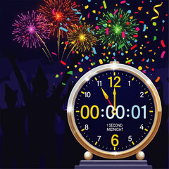 New Years Eve Countdown Clock with Fireworks Celebration.