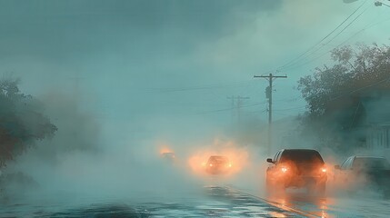 Realistic foggy city street view from asphalt level with blurred car headlights in the distance, soft light, calm mood, high detail and resolution.