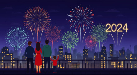 Family Watching Spectacular 2024 New Year Fireworks Display.