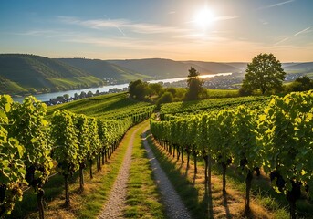 Naklejka premium Vineyard Landscape at Sunset - A Serene View of Natures Beauty.