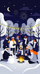 Friends Celebrate Winter Holiday with Bonfire and Fireworks.