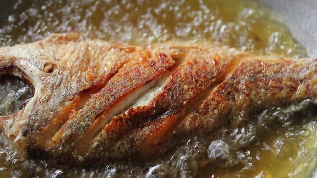 Deep-frying crispy white snapper in hot oil on wok