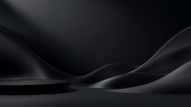 Luxurious black product background with soft gradient lighting and smooth reflective textures. The elegant minimalist design creates a professional atmosphere for product presentation, 