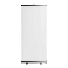 Blank white roll up banner stand display mockup for advertising. Isolated on transparent background, png
