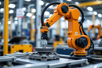 Fototapeta premium Industrial robotic arm assembling metal gear on factory assembly line with precise motion and focus