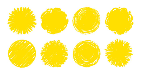 Round sun watercolor paint shape sets. Hand drawn rough yellow circle shape ink brush stroke grunge texture. Grunge circular rough brush badge background Japanese sun elements. Vector illustration