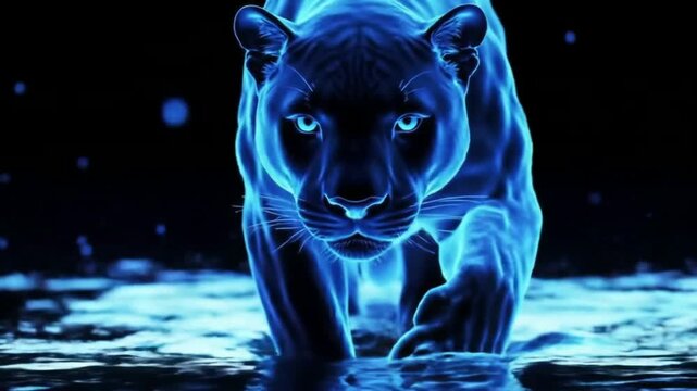 A majestic, glowing blue panther emerges from dark waters, eyes fixed forward, a powerful and mystical presence.