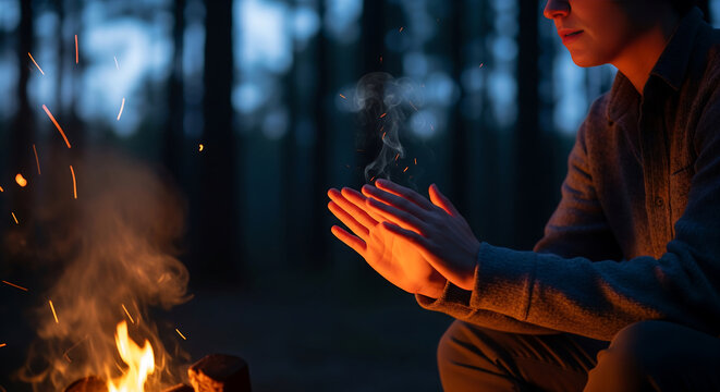 Warming Hands by the Campfire at Night