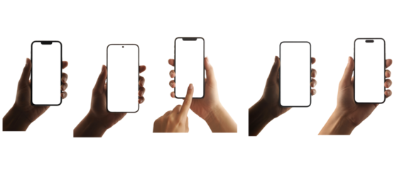 Hands holding modern smartphones with blank white screens isolated on white background
