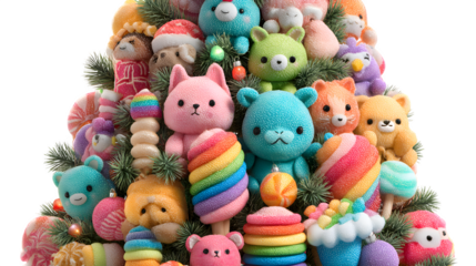 Children’s fantasy Christmas tree with plush toy ornaments, rainbow garlands, and oversized candy decorations, isolated on white background