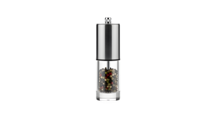 Sleek stainless steel pepper grinder isolated on transparent background, a stylish and functional kitchen tool for adding freshly ground pepper to meals