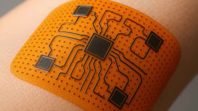 intelligent tissue innovation concept. Wearable technology patch with circuit design on skin.
