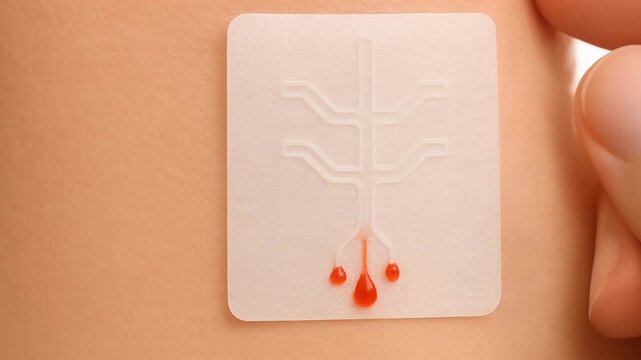 intelligent tissue innovation concept. Innovative skin patch with a circuit design and blood droplets.