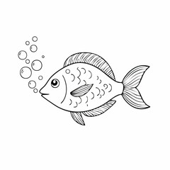 Cute hand drawn fish with bubbles black and white sketch.
