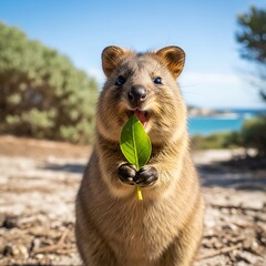 Quokka Enjoying a Leafy Snack on Rottnest Island.