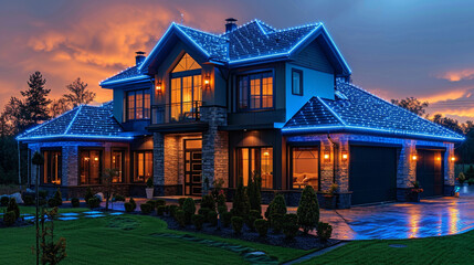 Luxurious modern home at twilight, illuminated with blue LED lights on the roof and exterior.  Landscaped grounds with trees and shrubs surround the property.