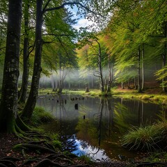 Mystical Forest Lake Reflection in Autumnal Hues.