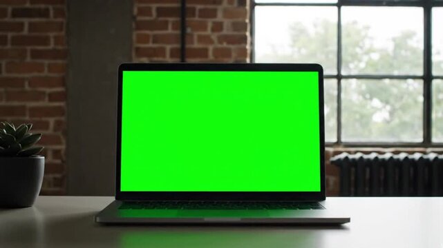 Laptop green screen is opening. Loft office interior with brick wall and swaying trees on the wind. The last 200 frames are looped