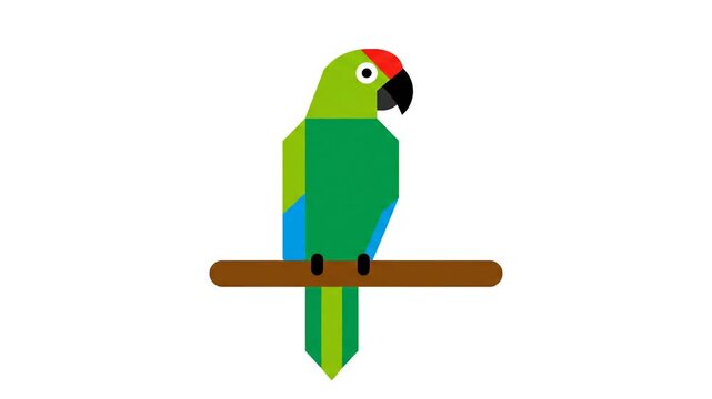 Geometric Parrot Perched on Branch: Vibrant, Minimalist Design Animation
