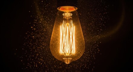 A glowing, vintage-style light bulb emitting a warm, golden glow against a dark background.