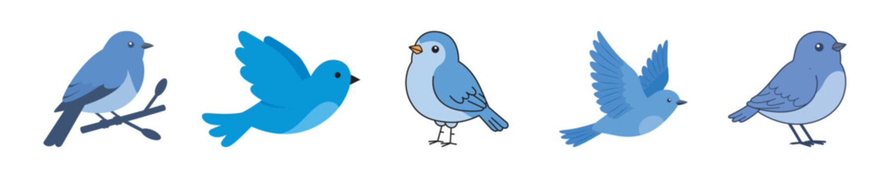 Collection of various blue bird vector illustrations featuring flying, perching, and standing poses, perfect for nature and animal-themed designs