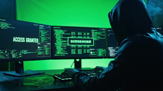  Rear view of a hooded, anonymous hacker sitting at a table with multiple monitors and a green-screen chroma key behind them, typing rapidly during a nighttime cyber-attack on credit-card big-data