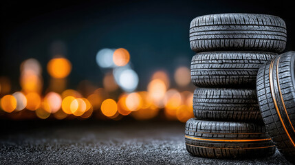 Stack of New Car Tires with City Lights Bokeh Background