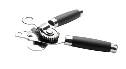 Manual can opener with black handles isolated on transparent background, a reliable kitchen tool for effortlessly opening canned goods with ease