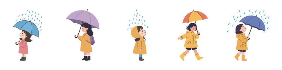 A delightful collection of cute illustrated girls enjoying a rainy day with umbrellas