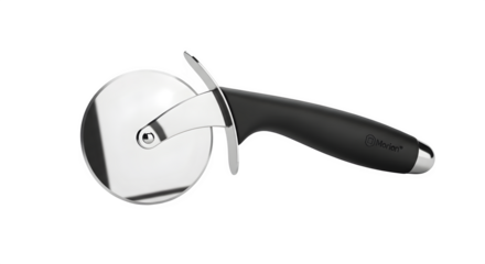 Pizza cutter with a black handle isolated on transparent background, a kitchen utensil for slicing pizza, easy to use and clean