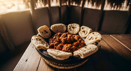 Delicious Indian Cuisine Presentation, Dish With Freshly Baked Bread and Spiced Meal