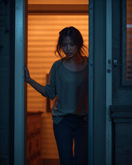 Woman stepping outside with tears during nighttime illumination 