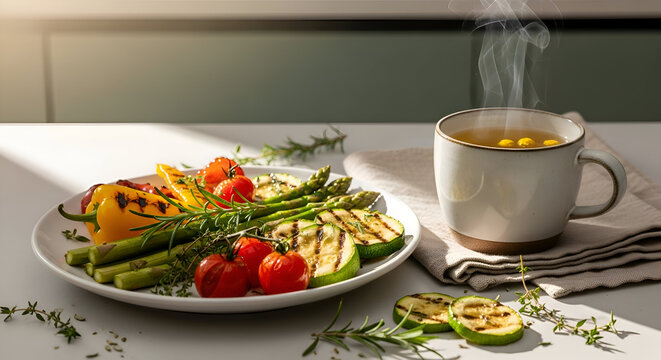 Delicious Grilled Vegetables With Herbal Infusion And Steaming Cup In Sunlit Setting