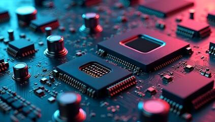 High-tech motherboard background with sharp geometric circuit lines, metallic textures, and glowing nodes representing digital communication.