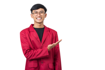 Smiling young college student showing something with hand isolated on white background