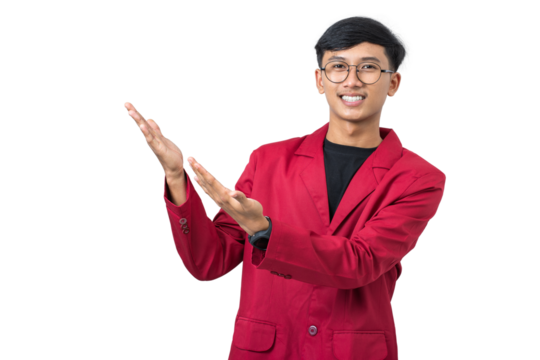 Smiling young college student showing something with hand isolated on white background