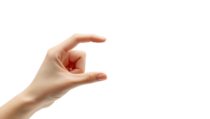 A hand gesture showing something small between the index finger and the thumb against emptiness on transparent background