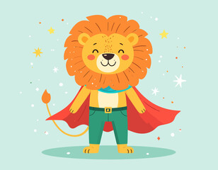 Cute Lion Superhero Flat Vector Illustration