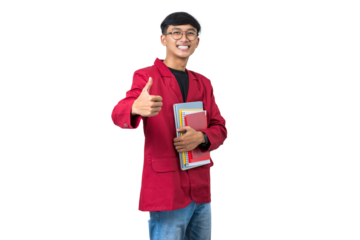 Smiling college student giving thumbs up like gesture isolated on white background