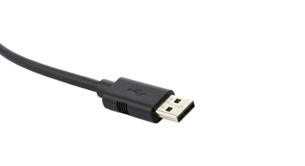 Close up view of a gray usb cable connector with visible metal contacts and the cable itself on transparent background